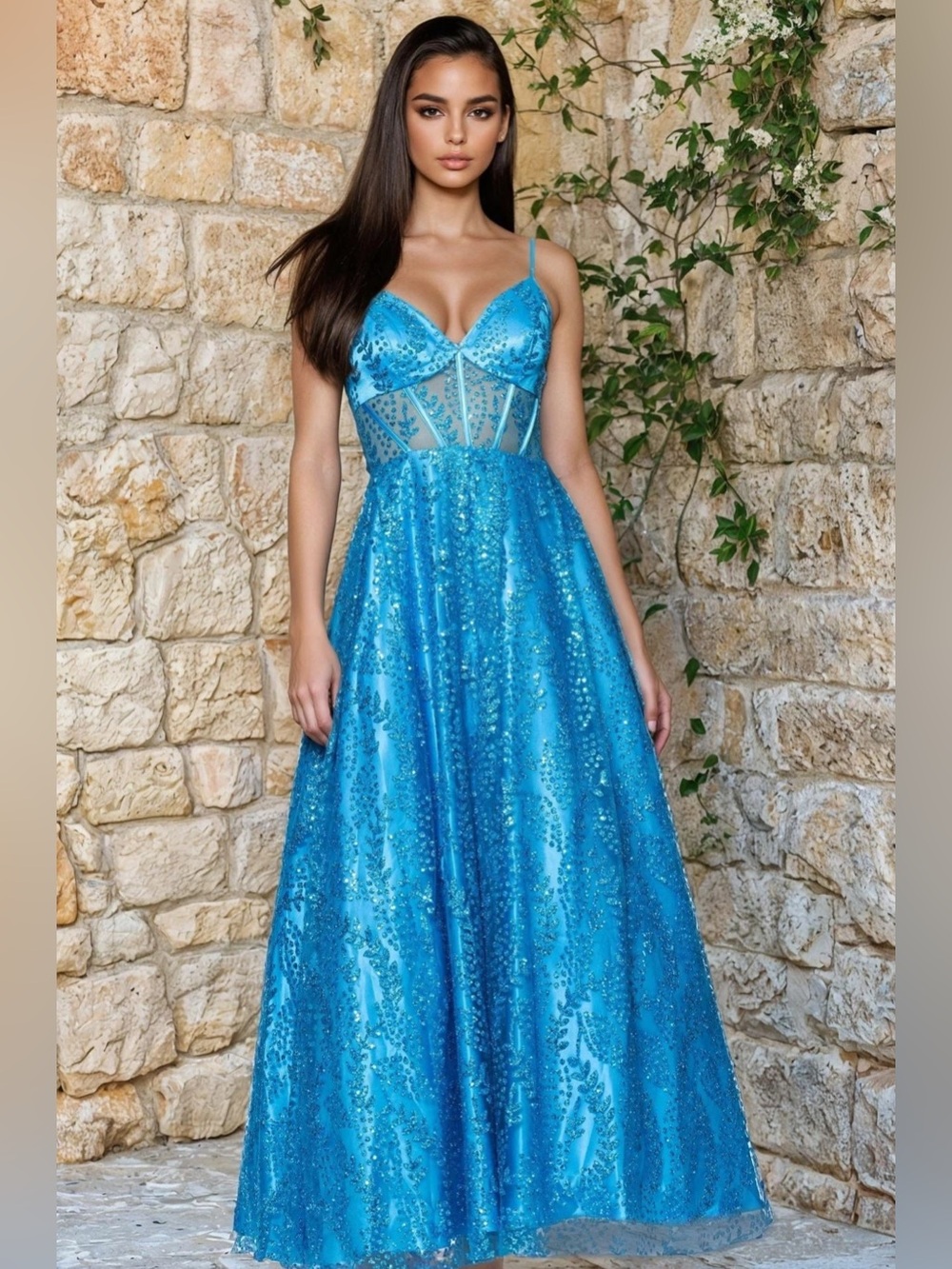 Blondie Nites Turquoise Blue Sequin A-Line Prom Dress